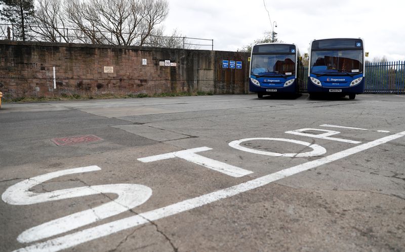 &copy; Reuters. FILE PHOTO: Parked busses are seen at a Stagecoach depot in South Shields as the spread of the coronavirus disease (COVID-19) continues, South Shields, Britain, April 3, 2020. REUTERS/Lee Smith