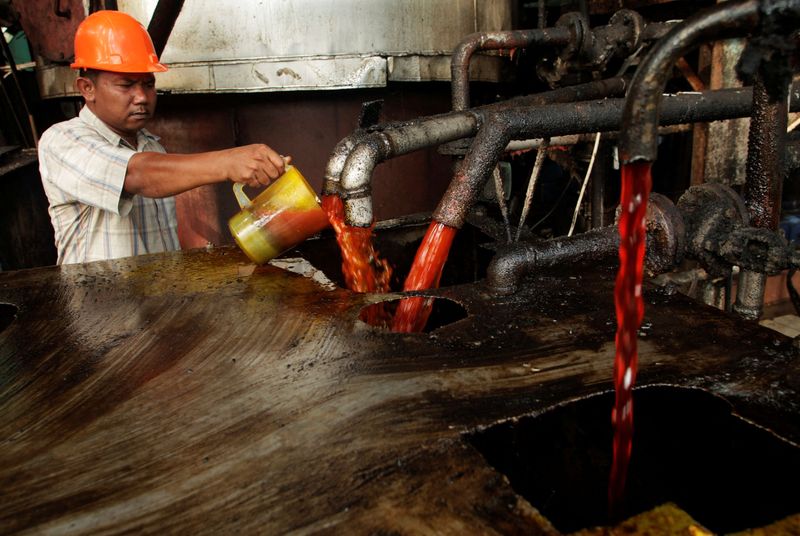 © Reuters. عامل يضبط جودة زيت النخيل الخام في وحدة معالجة شمال إقليم سومطرة بصورة من أرشيف رويترز.