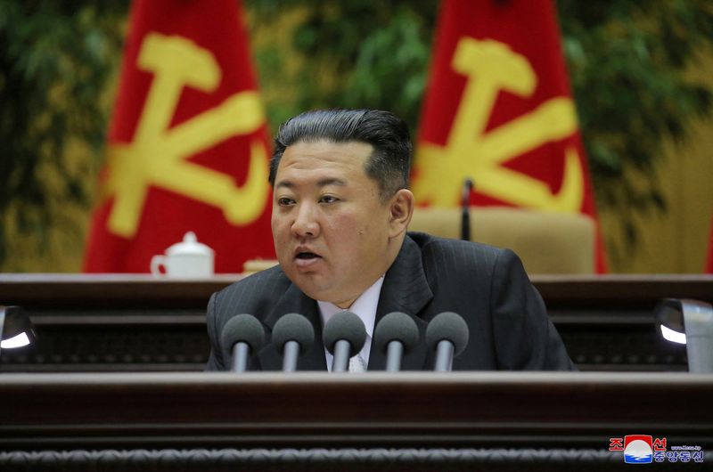 &copy; Reuters. FILE PHOTO: North Korean leader Kim Jong Un speaks during the 2nd Conference of Secretaries of Primary Committees of the Workers' Party of Korea (WPK), in this photo released on March 1, 2022 by North Korea's Korean Central News Agency (KCNA). KCNA via RE