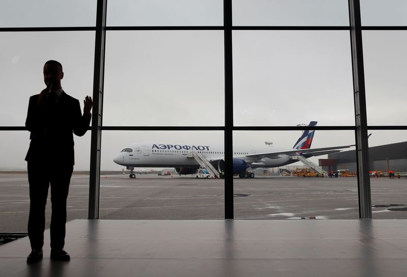 &copy; Reuters. FILE PHOTO: A view shows the first Airbus A350-900 aircraft of Russia's flagship airline Aeroflot during a media presentation at Sheremetyevo International Airport outside Moscow, Russia March 4, 2020. REUTERS/Maxim Shemetov