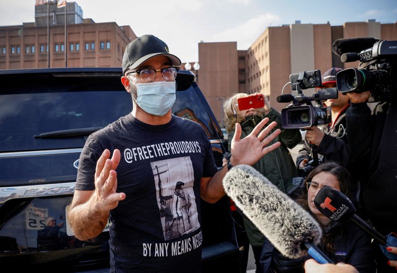 &copy; Reuters. FILE PHOTO: Proud Boys leader Enrique Tarrio speaks to the media following his release from the D.C. Central Detention Facility where he had been held since September 2021, in Washington, U.S., January 14, 2022. REUTERS/Evelyn Hockstein/File Photo