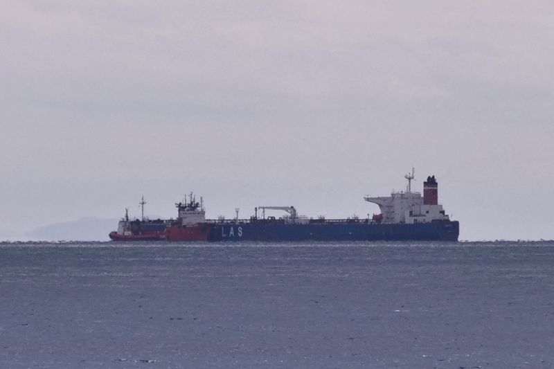 &copy; Reuters. FILE PHOTO: The seized oil tanker Pegas is seen anchored off the shore of Karystos, on the Island of Evia, Greece, April 19, 2022. REUTERS/Vassilis Triandafyllou/File Photo