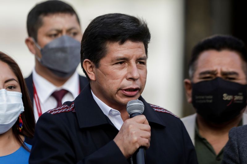 &copy; Reuters. رئيس بيرو بيدرو كاستيلو يتحدث خارج مبنى البرلمان في ليما يوم الخامس من أبريل نيسان 2022. تصوير: أنجيلا بونسي - رويترز