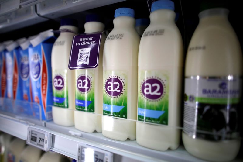 &copy; Reuters. FILE PHOTO: A2 milk is seen on a supermarket shelf in Singapore April 16, 2018. Picture taken April 16, 2018. REUTERS/Thomas White/File Photo