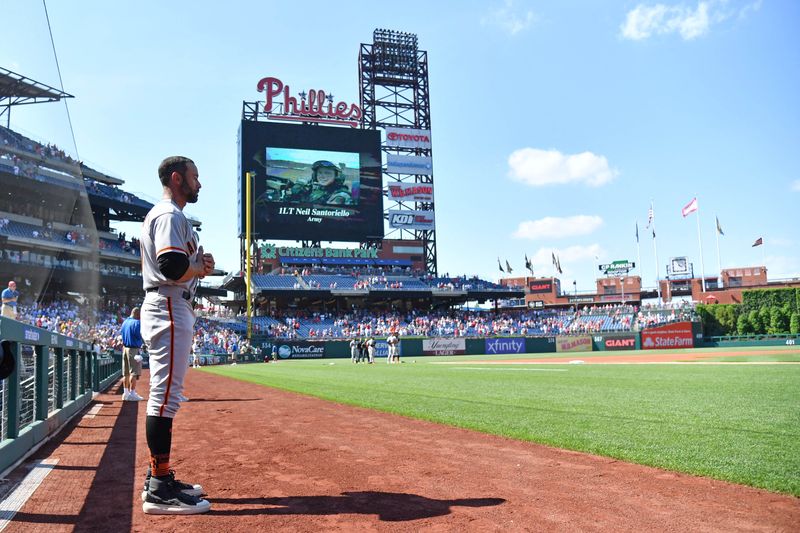 &copy; Reuters. May 30, 2022; Philadelphia, Pennsylvania, USA; San Francisco Giants manager Gabe Kapler (19) stands during the national anthem against the Philadelphia Phillies at Citizens Bank Park. Mandatory Credit: Eric Hartline-USA TODAY Sports