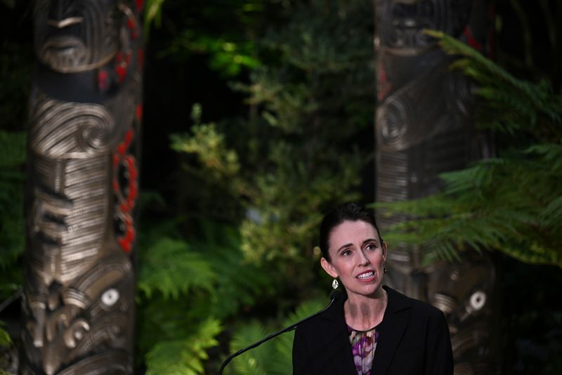 &copy; Reuters. FILE PHOTO: New Zealand's Prime Minister Jacinda Ardern speaks at the unveiling ceremony of a Kuwaha sculpture at Gardens by the Bay's Cloud Forest in Singapore April 19, 2022. REUTERS/Caroline Chia