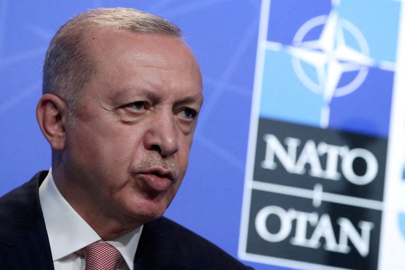 &copy; Reuters. FILE PHOTO: Turkey's President Tayyip Erdogan holds a news conference during the NATO summit at the Alliance's headquarters in Brussels, Belgium June 14, 2021. REUTERS/Yves Herman