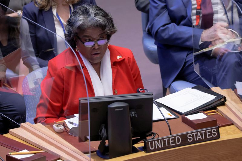 &copy; Reuters. FILE PHOTO: U.S. Ambassador to the United Nations Linda Thomas-Greenfield addresses the United Nations Security Council during a meeting, amid Russia's invasion of Ukraine, at the United Nations Headquarters in Manhattan, New York City, New York, U.S., Ap