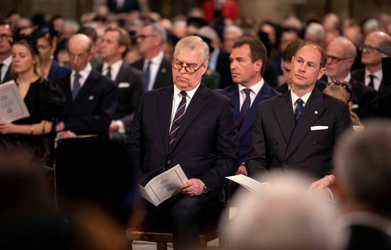 &copy; Reuters. FILE PHOTO: Britain's Prince Andrew, Duke of York, and Prince Edward, Earl of Wessex, attend a service of thanksgiving for late Prince Philip, Duke of Edinburgh, at Westminster Abbey in London, Britain, March 29, 2022. Richard Pohle/Pool via REUTERS/File 