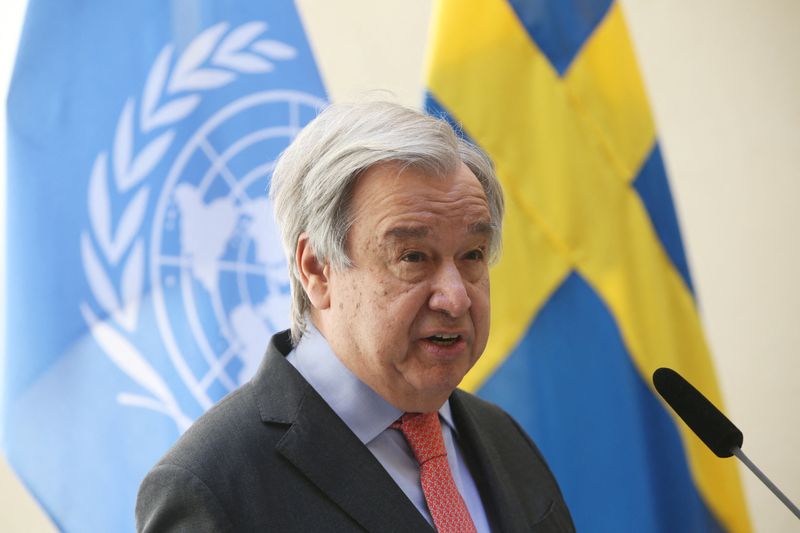 &copy; Reuters. أنطونيو جوتيريش الأمين العام للأمم المتحدة يتحدث في مؤتمر صحفي في ستوكهولم يوم الأربعاء. صورة لرويترز من وكالة أنباء تي.تي. (يحظر استخدام ال
