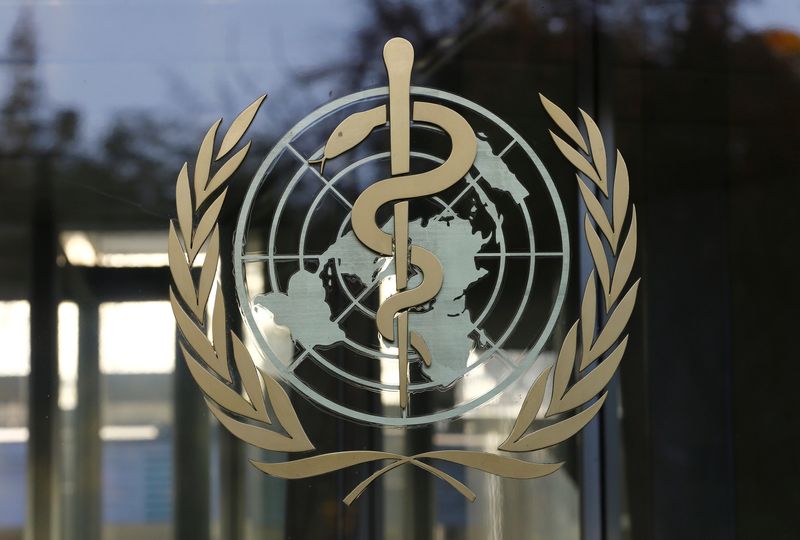 &copy; Reuters. FILE PHOTO: A logo is pictured on the World Health Organization (WHO) headquarters in Geneva, Switzerland, November 22, 2017.  REUTERS/Denis Balibouse