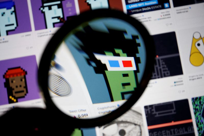 &copy; Reuters. FILE PHOTO: A non-fungible token (NFT) displayed on the website of NFT marketplace OpenSea is seen through a magnifying glass, in this illustration picture taken February 28, 2022. REUTERS/Florence Lo/Illustration