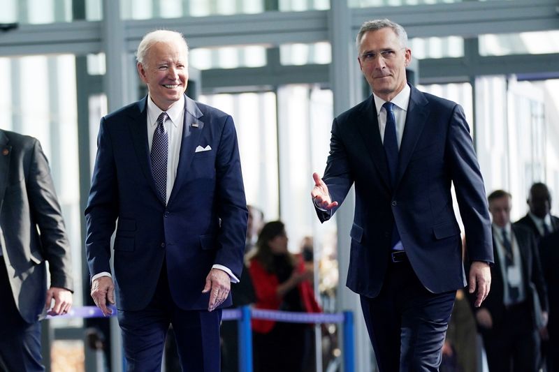 &copy; Reuters. FILE PHOTO: President Joe Biden walks with NATO Secretary General Jens Stoltenberg as he arrives for meetings with NATO allies about the Russian invasion of Ukraine, in Brussels, Belgium March 24, 2022. Evan Vucci/Pool via REUTERS