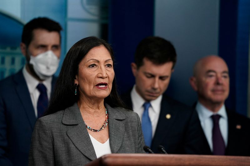 &copy; Reuters. FILE PHOTO: U.S. Secretary of the Interior Deb Haaland speaks during a briefing about the bipartisan infrastructure law at the White House in Washington, U.S., May 16, 2022. REUTERS/Elizabeth Frantz
