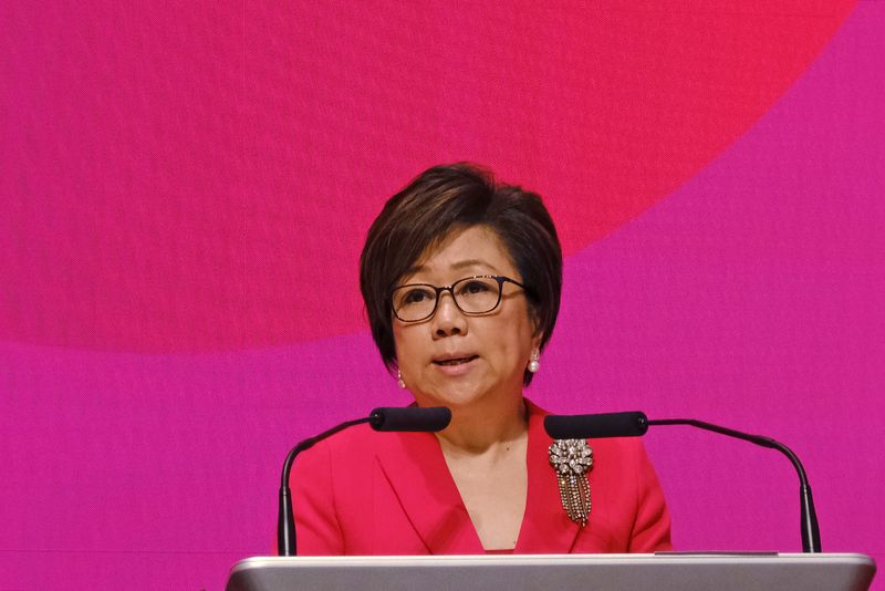 &copy; Reuters. Hong Kong Exchanges and Clearing Ltd (HKEX) chairman Laura Cha Shih May-lung speaks during a ceremony marking the first day of trade after Lunar New Year at the Hong Kong stock exchange in Hong Kong, China February 8, 2019. REUTERS/Tyrone Siu