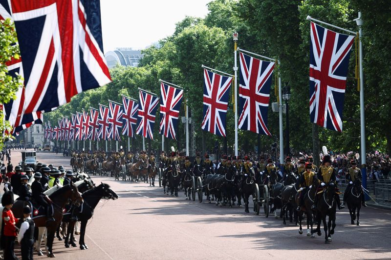 &copy; Reuters. Members of the King's Troop, Royal Horse Artillery ride in the Trooping the Colour parade in celebration of Britain's Queen Elizabeth's Platinum Jubilee, in London, Britain June 2, 2022. REUTERS/Henry Nicholls
