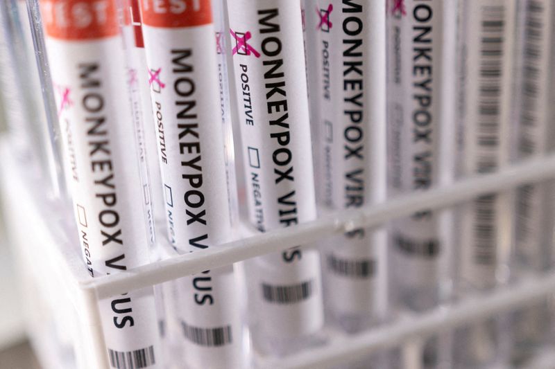 &copy; Reuters. FILE PHOTO: Test tubes labelled "Monkeypox virus positive" are seen in this illustration taken May 22, 2022. REUTERS/Dado Ruvic/Illustration