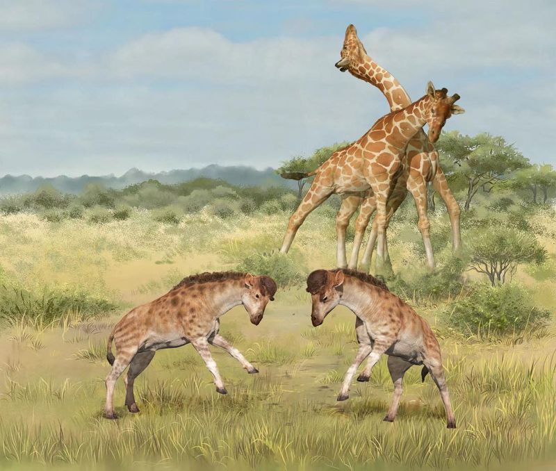 &copy; Reuters. En una ilustración sin fecha se observan competiciones entre miembros de la familia de las jirafas. En primer plano, se ven dos machos de la especie extinta Discokeryx xiezhi que vivió hace 17 millones de años en la actual región de Xinjiang, en el no