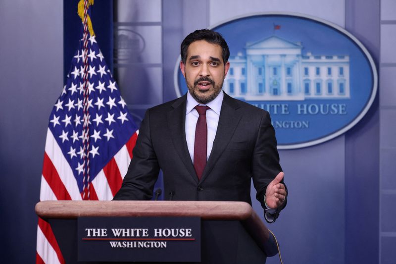 © Reuters. FILE PHOTO: Deputy Director of the National Economic Council Bharat Ramamurti delivers remarks during a press briefing at the White House in Washington, U.S., March 9, 2021. REUTERS/Tom Brenner/File Photo