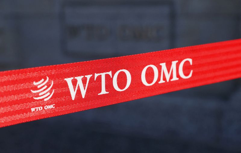 &copy; Reuters. FILE PHOTO: A logo is pictured outside the World Trade Organization (WTO) building in Geneva, Switzerland, April 1, 2021. REUTERS/Denis Balibouse