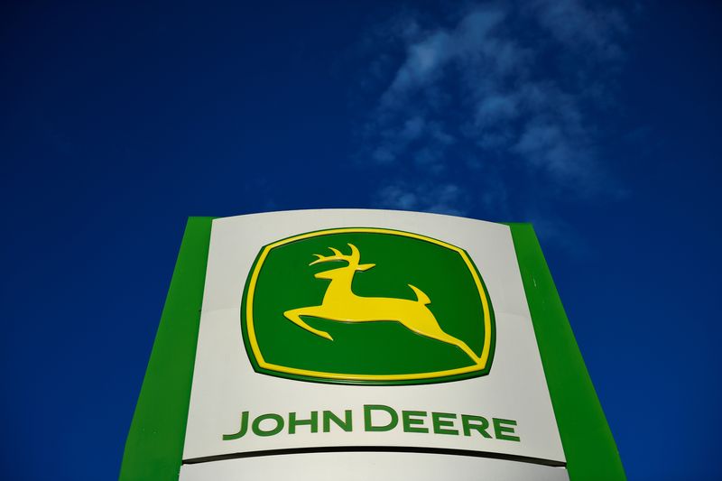 &copy; Reuters. FILE PHOTO: The leaping deer trademark logo is seen on a sign outside a John Deere dealership in Taylor, Texas, U.S., February 16, 2017. REUTERS/Mohammad Khursheed