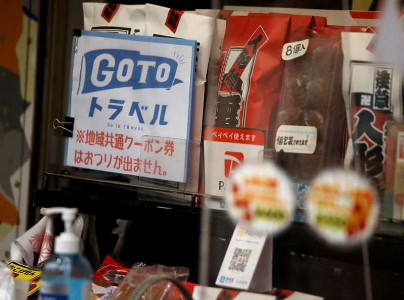 &copy; Reuters. FILE PHOTO: A sign for 'Go To Travel' campaign, a Japanese government-backed travel discount program encouraging domestic travel to help boost the economy, is displayed at a souvenir shop along Nakamise Street at Asakusa district, a popular sightseeing sp