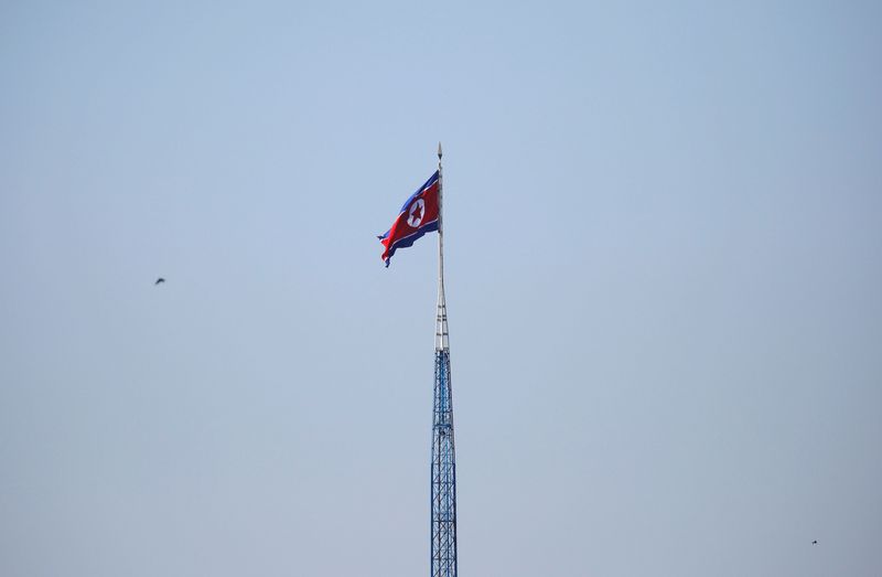 © Reuters. العلم الكوري الشمالي يرفرف فوق برج في قرية جيونج دونج في كوريا الشمالية في صورة التقطت بالقرب من قرية بانمونجوم في كوريا الجنوبية بصورة من أرشيف رويترز.