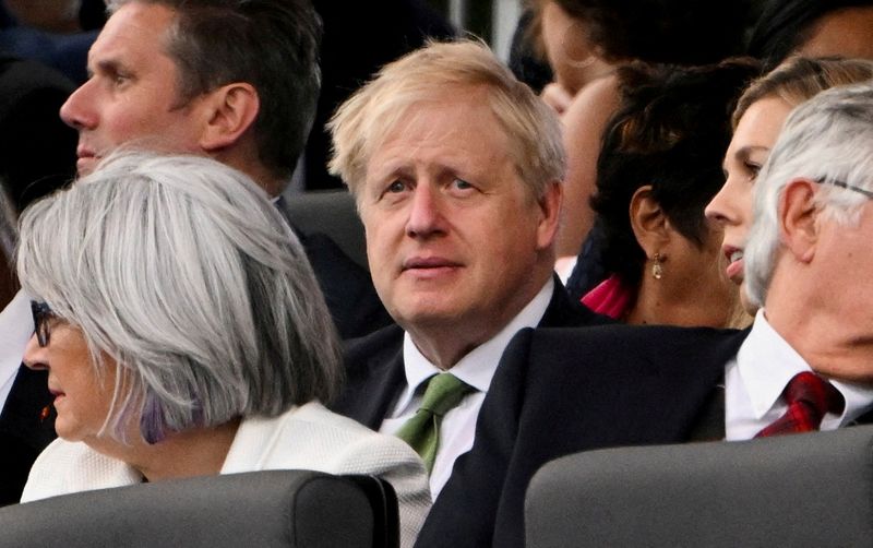 &copy; Reuters. Britain's Prime Minister Boris Johnson reacts during Queen Elizabeth's Platinum Party, at Buckingham Palace, in London, Britain, June 4, 2022. Paul Ellis/Pool via REUTERS