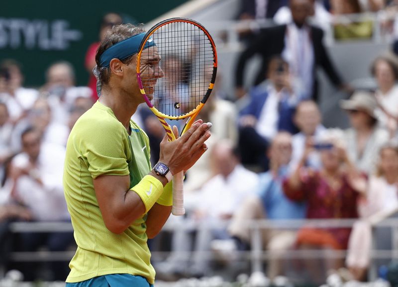 &copy; Reuters. Tennis - French Open - Roland Garros, Paris, France - June 5, 2022 Spain's Rafael Nadal celebrates winning the men's singles final against Norway's Casper Ruud REUTERS/Yves Herman