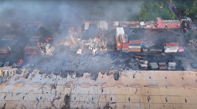 &copy; Reuters. Drone footage shows smoke rising from the spot after a massive fire broke out in an inland container depot at Sitakunda, near the port city Chittagong, Bangladesh, June 5, 2022 in this still image obtained from a handout video. Al Mahmud BS/Handout via RE