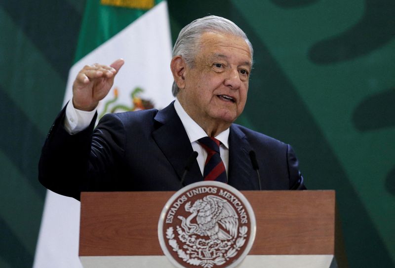 &copy; Reuters. FILE PHOTO: Mexico's President Andres Manuel Lopez Obrador speaks during a news conference at a military base in Apodaca, on the outskirts of Monterrey, Mexico May 13, 2022. REUTERS/Daniel Becerril/File Photo