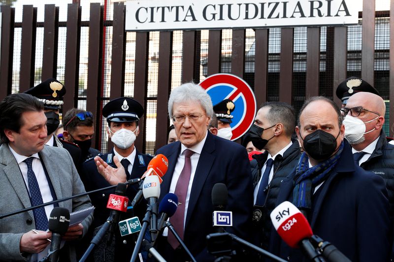 &copy; Reuters. FILE PHOTO: Russian ambassador to Italy, Sergey Razov, makes a statement to the press in front of the Rome prosecutor's office, in Rome, Italy, March 25, 2022. REUTERS/Remo Casilli