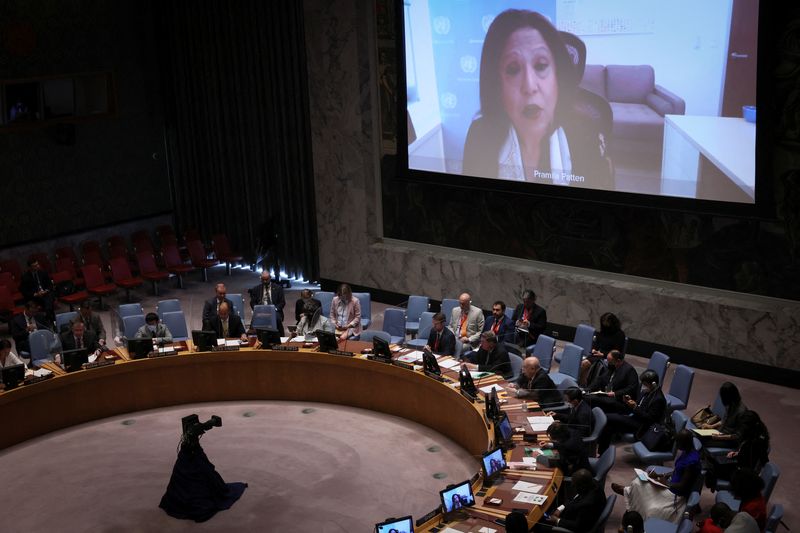 &copy; Reuters. Special Representative on Sexual Violence in Conflict Pramila Patten is seen on a video screen as she addresses a meeting of the United Nations Security Council about the Russian invasion of Ukraine at U.N. headquarters in New York City, New York, U.S., J