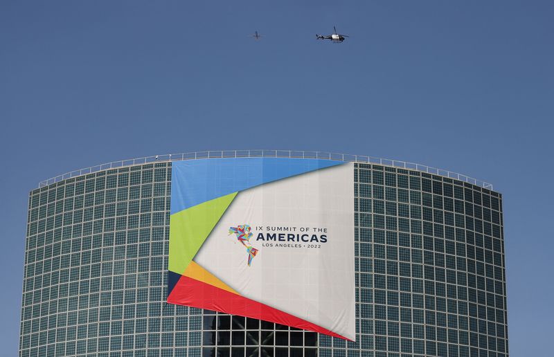 &copy; Reuters. A LAPD helocopter flies near the LA Convention Center during the first day of the Ninth Americas Summit in Los Angeles, U.S., June 6, 2022. REUTERS/Daniel Becerril