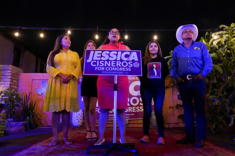 &copy; Reuters. FILE PHOTO: Progressive Democrat Jessica Cisneros addresses her watch party attendees next to her family during her primary election runoff with U.S. Representative Henry Cuellar in Laredo, Texas, U.S. May 24, 2022. REUTERS/Veronica G. Cardenas/File Photo