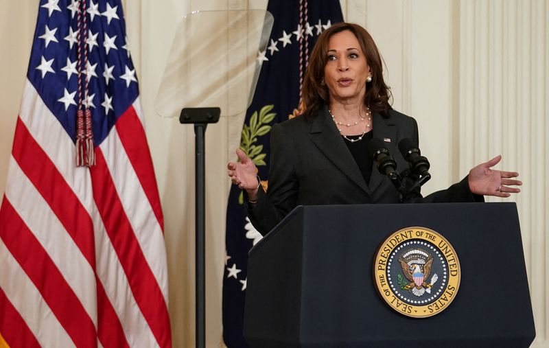 &copy; Reuters. FILE PHOTO: U.S. Vice President Kamala Harris speaks ahead of President Joe Biden's signing of an executive order to reform federal and local policing on the second anniversary of the death of George Floyd, during an event at the White House in Washington