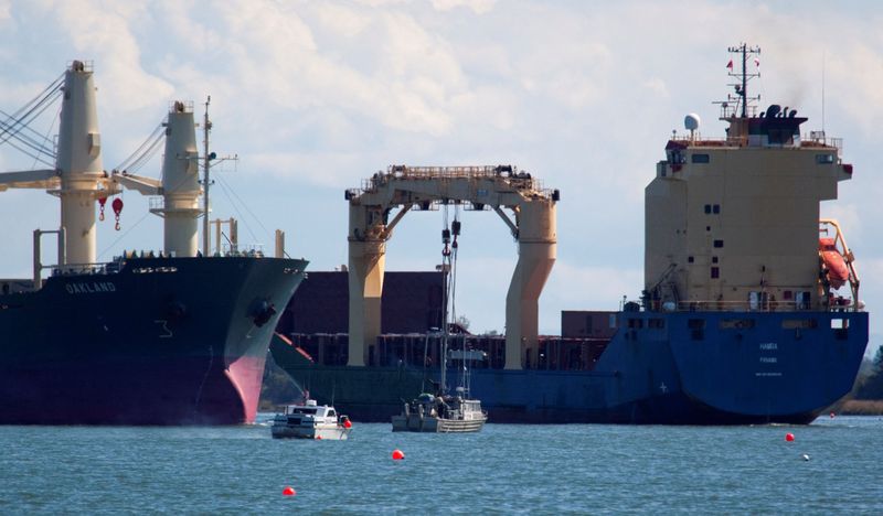 &copy; Reuters. FILE PHOTO: Salmon fishing boats sit at the mouth of Fraser River as freighters move up and down the river in Steveston, British Columbia September 1, 2010.  REUTERS/Andy Clark