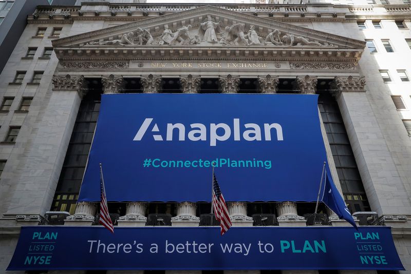 &copy; Reuters. FILE PHOTO: A banner for Anaplan, Inc. hangs on the facade of the New York Stock Exchange (NYSE) to celebrate the company's IPO in New York, U.S., October 12, 2018. REUTERS/Brendan McDermid