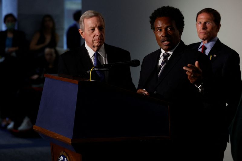 &copy; Reuters. Garnell Whitfield, whose mother Ruth Whitfield was killed in Buffalo's Tops market massacre, addresses reporters with U.S. Senator Dick Durbin (D-IL) and Senator Richard Blumenthal (D-CT) after a Senate Judiciary Committee hearing on the threat of domesti