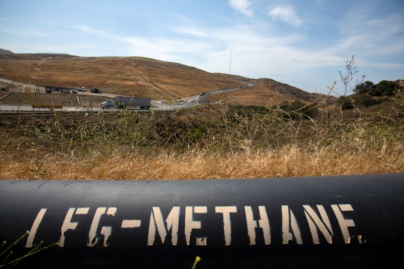 &copy; Reuters. FILE PHOTO: A pipeline that moves methane gas from the Frank R. Bowerman landfill to an onsite power plant is shown in Irvine, California, California, U.S., June 15, 2021. REUTERS/Mike Blake