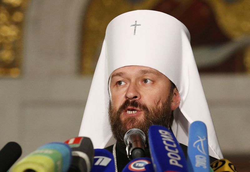 &copy; Reuters. FILE PHOTO: Metropolitan Hilarion, Chairman of external relations department of the Moscow Patriarchate and permanent member of the Holy Synod of the Russian Orthodox Church, speaks during a news conference in Minsk, Belarus October 15, 2018. REUTERS/Vasi
