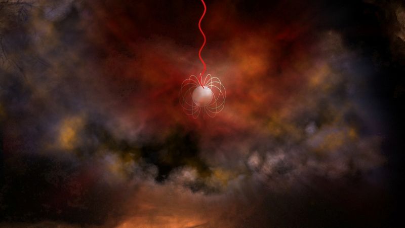 © Reuters. Concepción artística de una estrella de neutrones con un campo magnético ultrafuerte, llamado magnetar, que emite ondas de radio (rojo). Los magnetares son uno de los principales candidatos a generar los fenómenos denominados estallidos rápidos de radio.  Bill Saxton, NRAO/AUI/NSF/Handout via REUTERS   