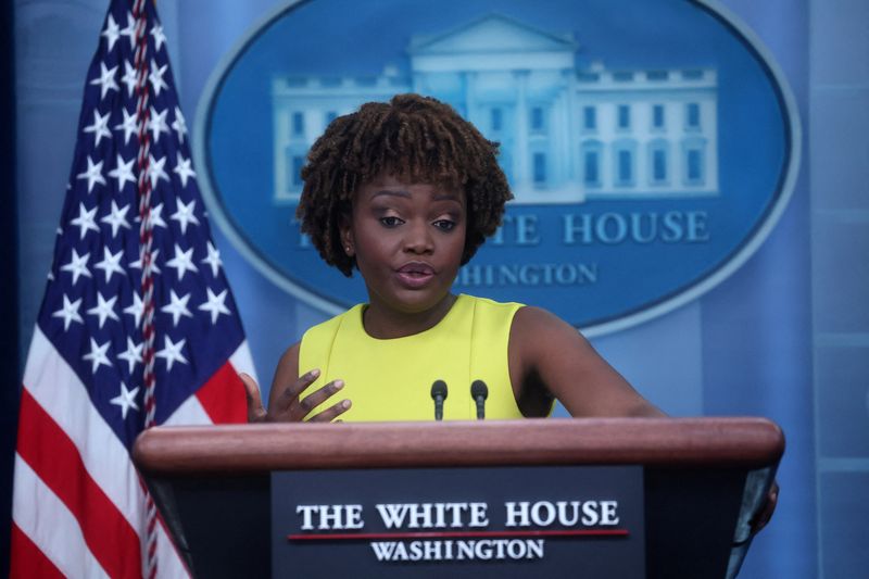 &copy; Reuters. FILE PHOTO: White House Press Secretary Karine Jean-Pierre holds a press briefing at the White House in Washington, U.S., June 2, 2022. REUTERS/Leah Millis