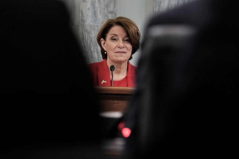 &copy; Reuters. U.S. Senator Amy Klobuchar (D-MN) listens during a Senate Commerce, Science, and Transportation Committee hearing on President Biden's proposed budget request for the Department of Transportation, on Capitol Hill in Washington, U.S., May 3, 2022. REUTERS/
