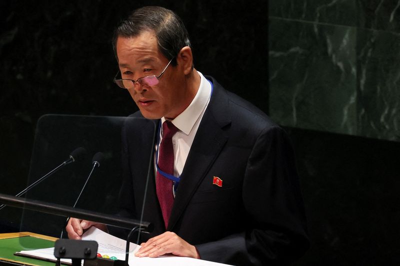 &copy; Reuters. سفير كوريا الشمالية لدى الأمم المتحدة كيم سونج يتحدث خلال اجتماع للجمعية العامة للأمم المتحدة في نيويورك يوم الأربعاء. تصوير: مايك سيجار - ر