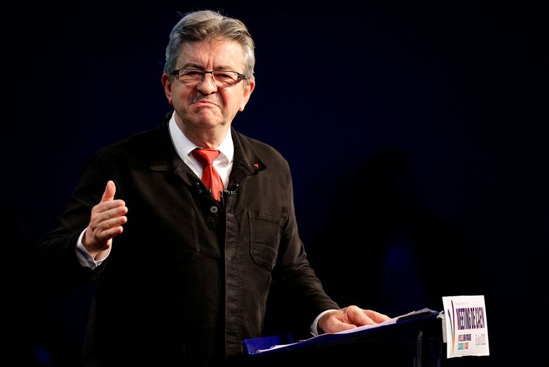 &copy; Reuters. FILE PHOTO: Jean-Luc Melenchon, leader of French far-left opposition party La France Insoumise (France Unbowed), member of Parliament and leader of left-wing coalition New Ecologic and Social People's Union (NUPES), attends a campaign meeting ahead of Fra
