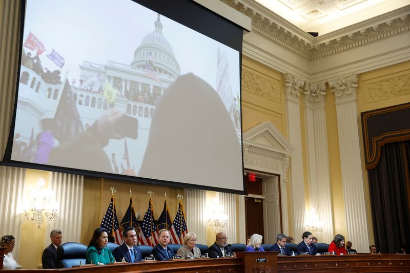 &copy; Reuters. An image of the January 6 Attack on the United States Capitol is seen on video during the hearing of the U.S. House Select Committee to Investigate the January 6 Attack on the United States Capitol, on Capitol Hill in Washington, U.S., June 9, 2022. REUTE