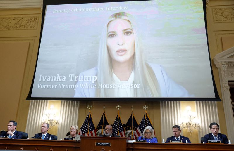 &copy; Reuters. Former White House Senior Adviser Ivanka Trump is seen on a video screen during the public hearing of the U.S. House Select Committee to Investigate the January 6 Attack on the United States Capitol, on Capitol Hill in Washington, U.S., June 9, 2022. REUT