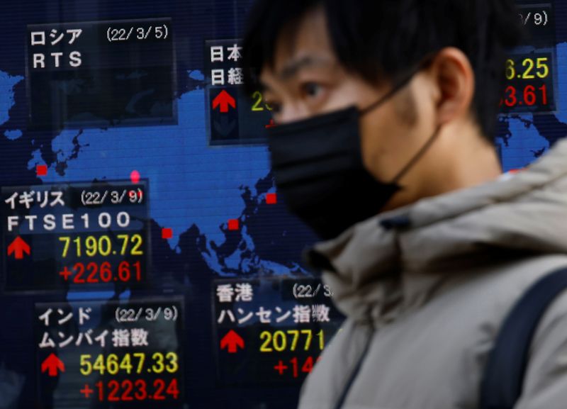 &copy; Reuters. رجل يضع كمامة يمر أمام  لوحة إلكترونية تعرض مؤشرات أسهم دول مختلفة في طوكيو في العاشر من مارس آذار 2022. تصوير: كيم كيونغ هون - رويترز.