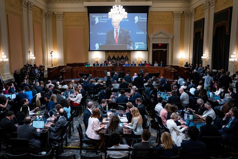 &copy; Reuters. A video of former U.S. Vice President Mike Pence speaking is shown on a screen during the hearing of the U.S. House Select Committee to Investigate the January 6 Attack on the United States Capitol, on Capitol Hill in Washington, U.S., June 9, 2022. Jabin